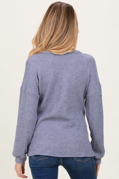 Denim Blue Puff Sleeve Solid Maternity Sweater Top