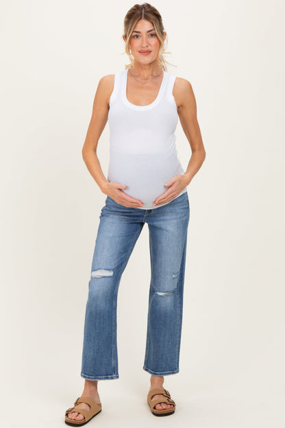 Blue Distressed Open Knee Ankle Straight Leg Maternity Jeans