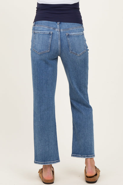 Blue Distressed Open Knee Ankle Straight Leg Maternity Jeans
