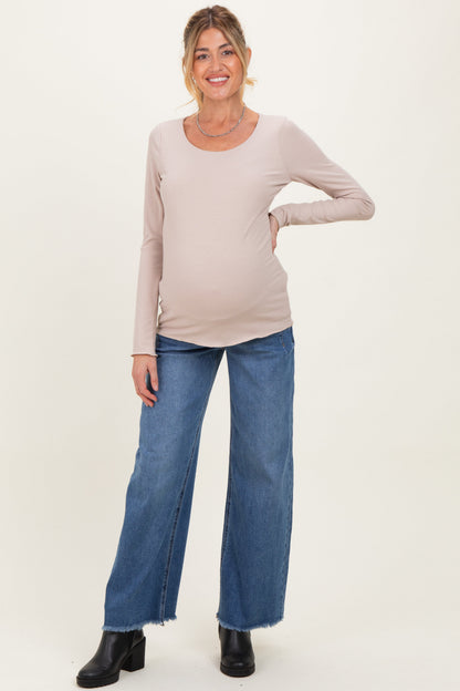 Beige Ribbed Long Sleeve Lettuce Trim Maternity Top