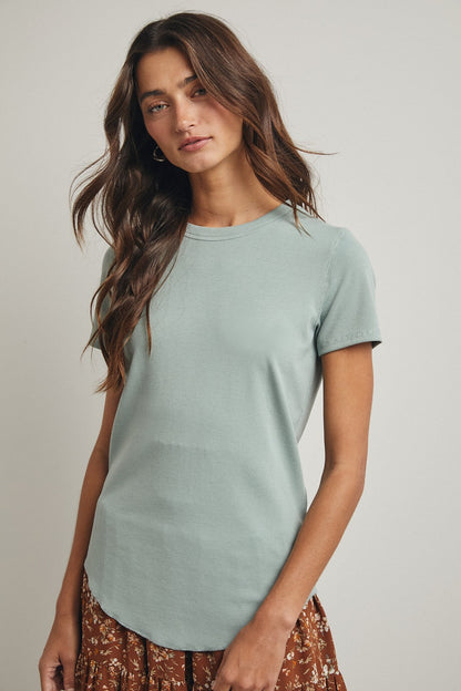 Dusty Mint Ribbed Short Sleeve Curved Hem Maternity Top