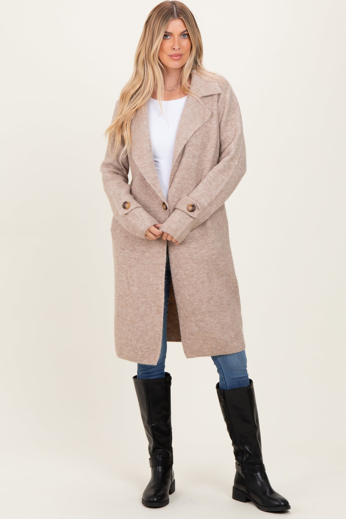 Beige Knit Long Maternity Sweater Coat