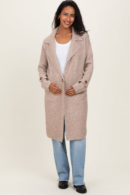 Beige Knit Long Maternity Sweater Coat