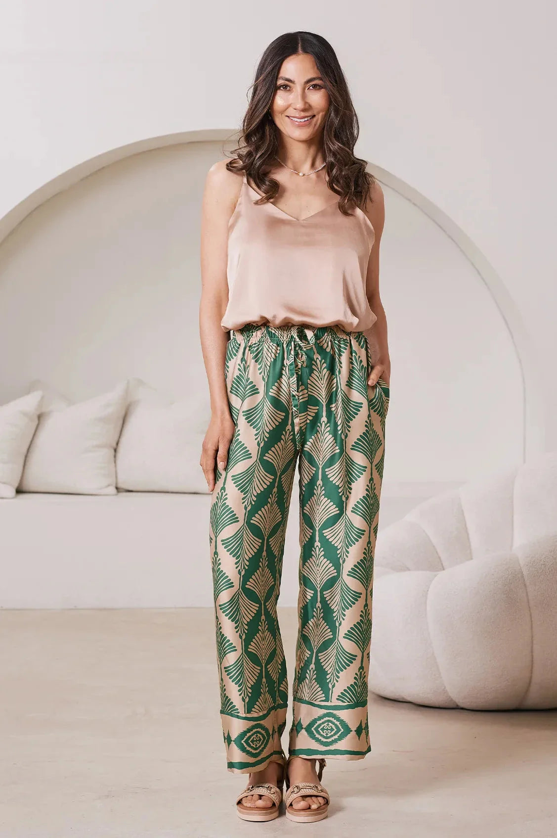 Casey Straight Leg Pants Fan Print in Emerald & Espresso