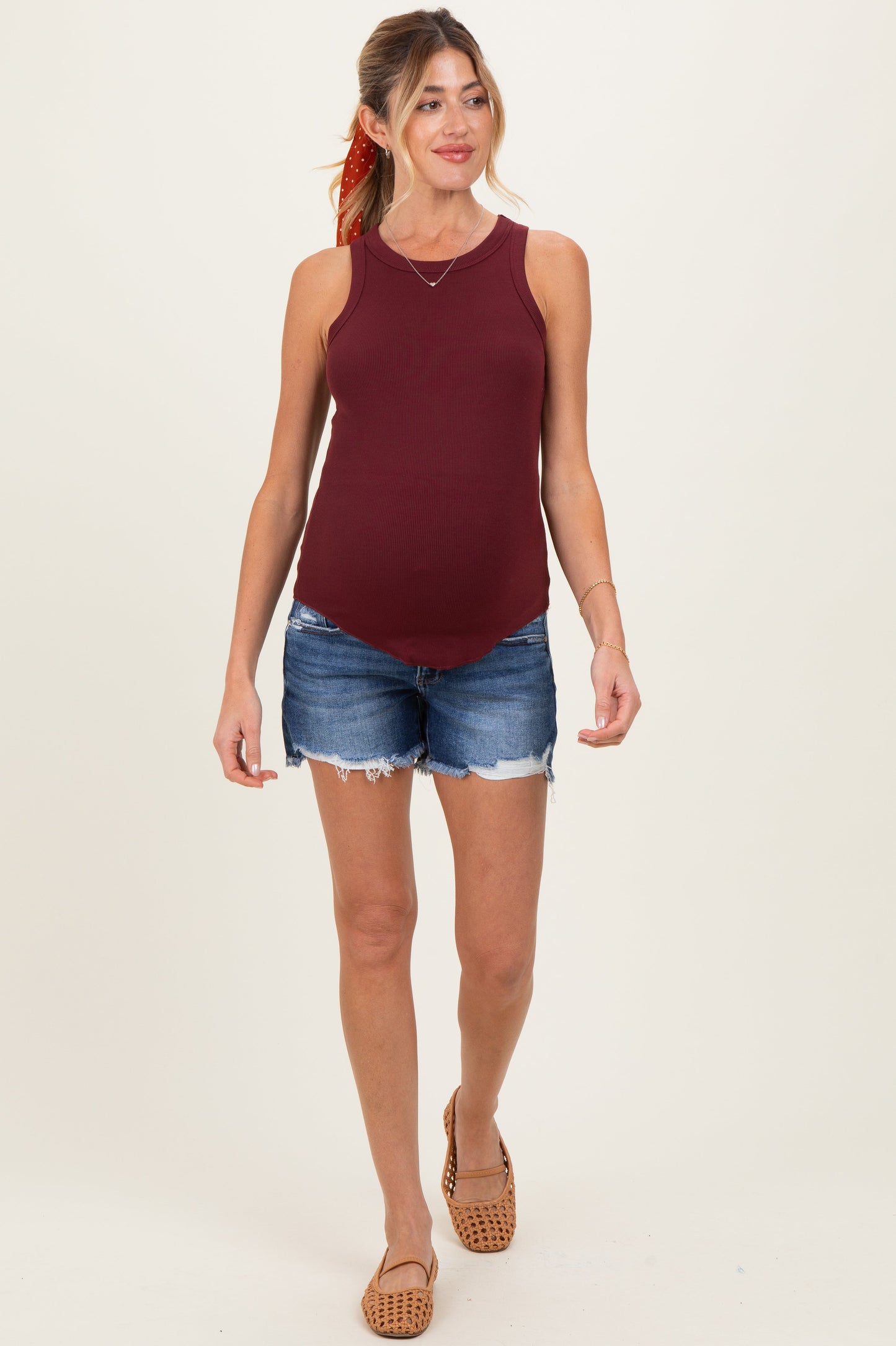 Navy Distressed Fringe Hem Maternity Shorts