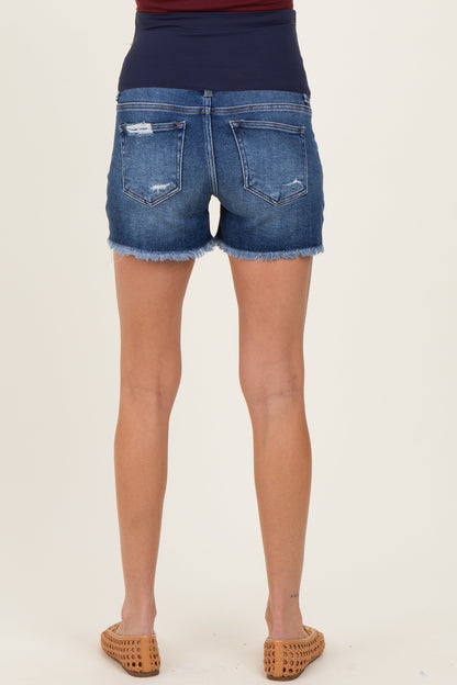 Navy Distressed Fringe Hem Maternity Shorts