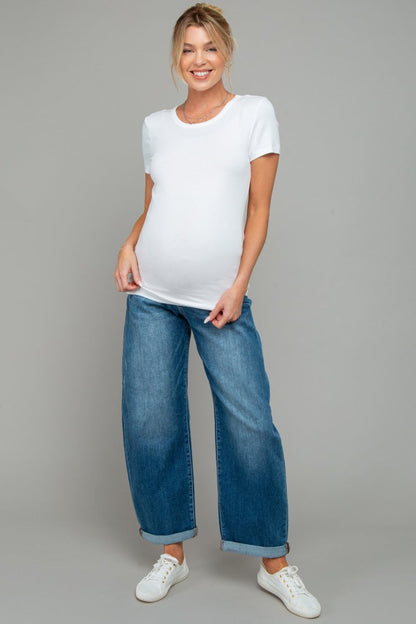 Navy Distressed Rolled Hem Barrel Leg Maternity Jeans