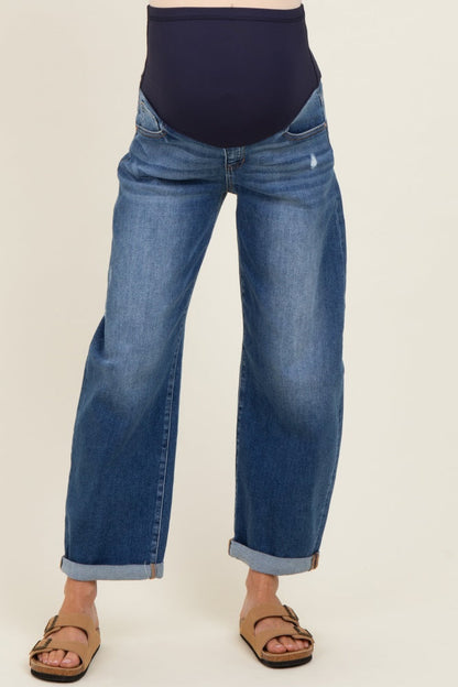 Navy Distressed Rolled Hem Barrel Leg Maternity Jeans