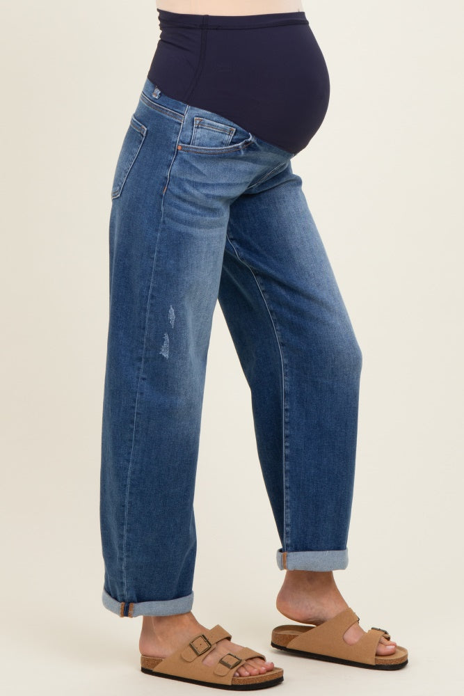 Navy Distressed Rolled Hem Barrel Leg Maternity Jeans