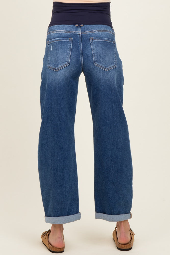 Navy Distressed Rolled Hem Barrel Leg Maternity Jeans