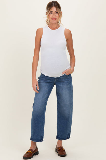 Blue Cropped Barrel Leg Maternity Jeans