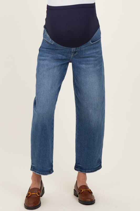 Blue Cropped Barrel Leg Maternity Jeans
