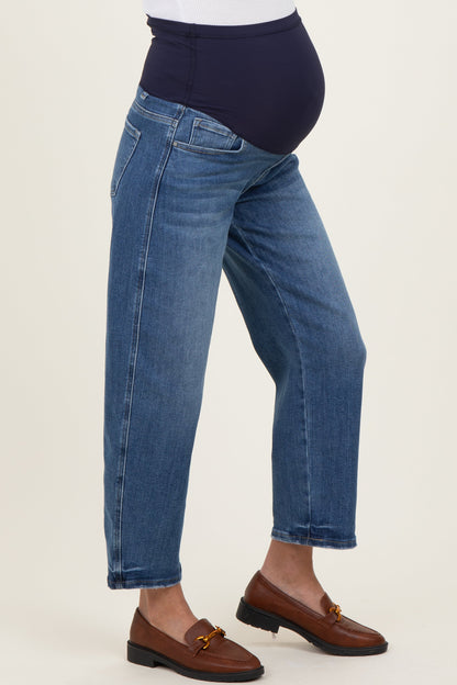 Blue Cropped Barrel Leg Maternity Jeans