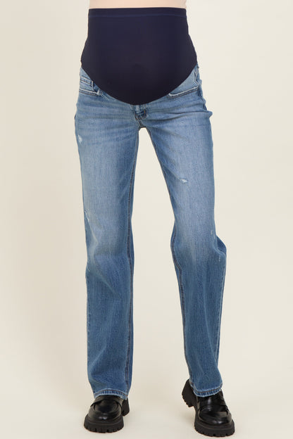 Blue Lightly Distressed Straight Leg Maternity Jeans