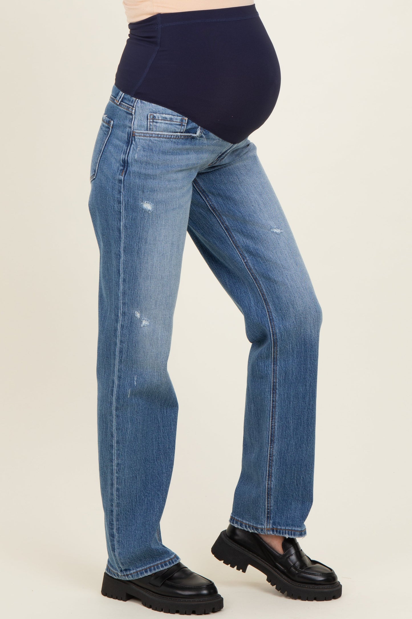 Blue Lightly Distressed Straight Leg Maternity Jeans