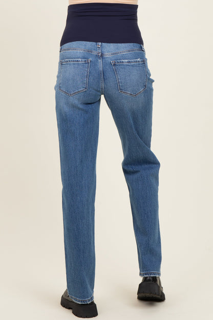 Blue Lightly Distressed Straight Leg Maternity Jeans