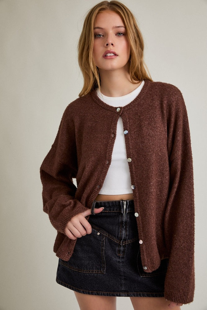 Brown Classic Crew Neck Maternity Button Cardigan