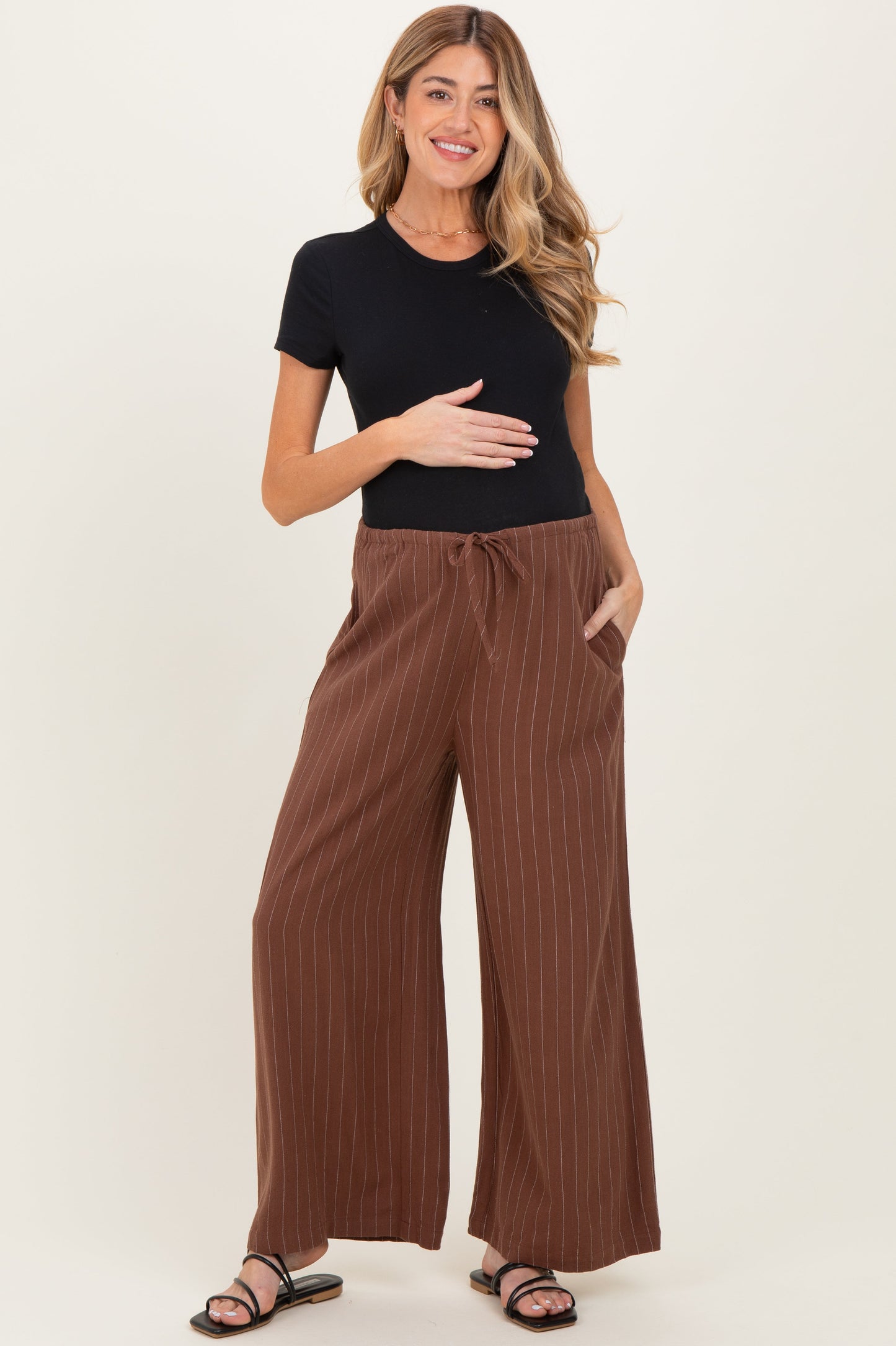 Brown Pinstripe Drawstring Maternity Linen Pants