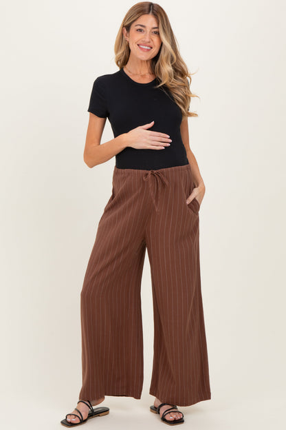 Brown Pinstripe Drawstring Maternity Linen Pants