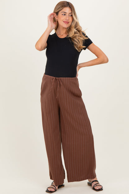 Brown Pinstripe Drawstring Maternity Linen Pants
