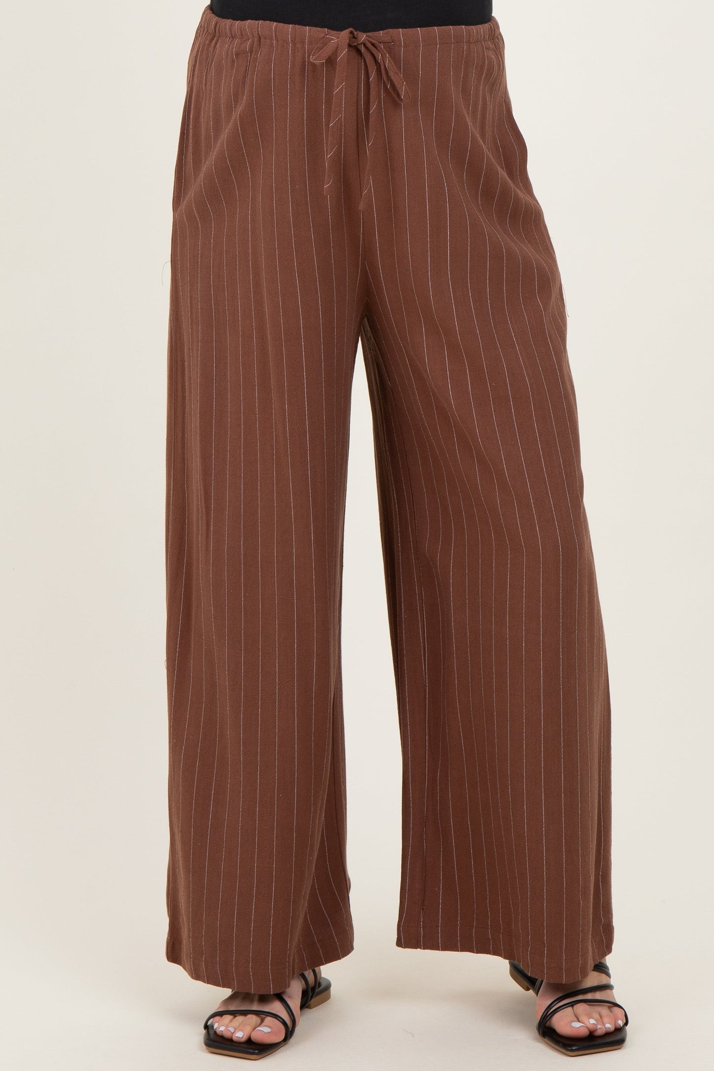 Brown Pinstripe Drawstring Maternity Linen Pants