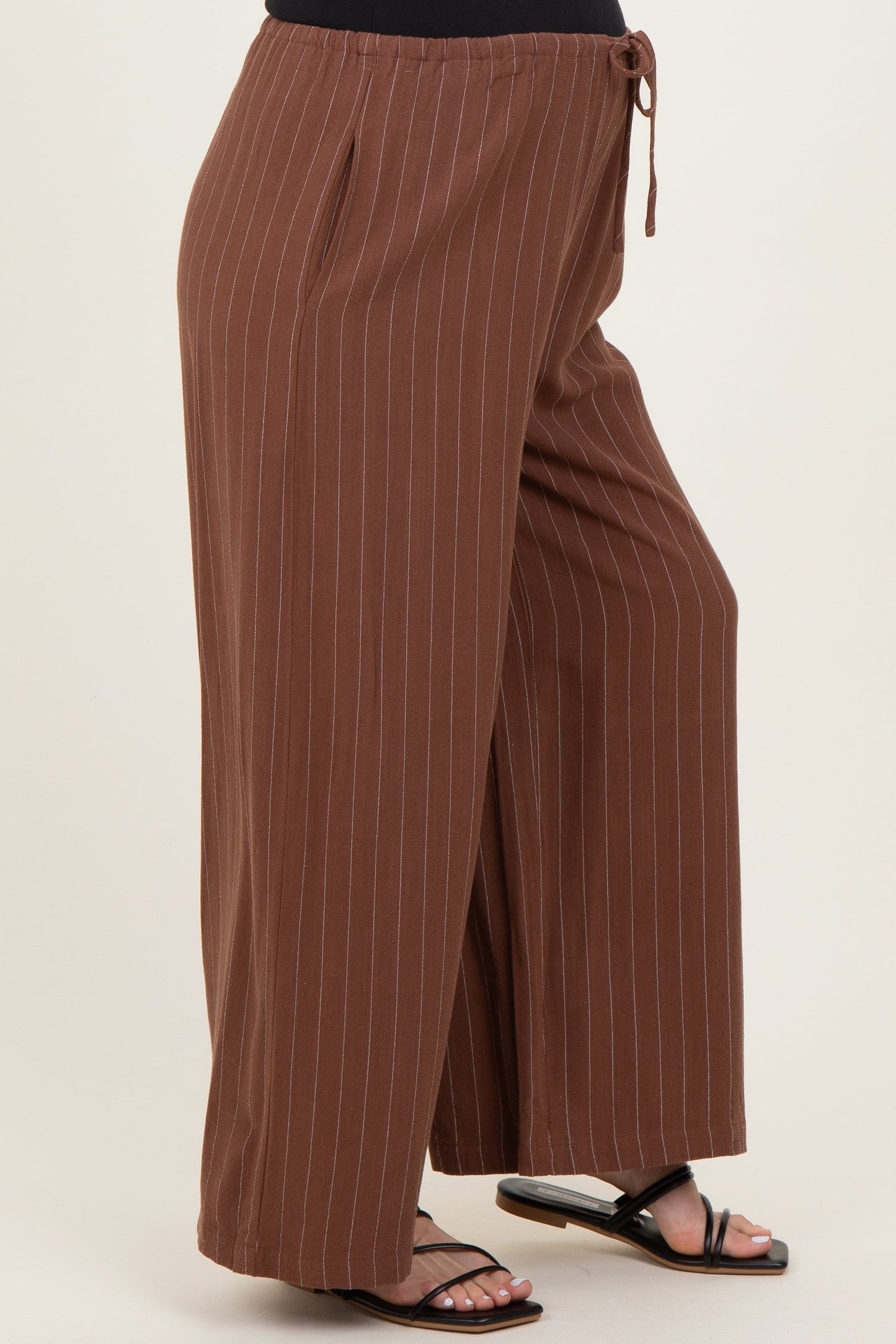 Brown Pinstripe Drawstring Maternity Linen Pants
