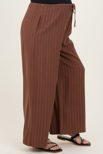 Brown Pinstripe Drawstring Maternity Linen Pants