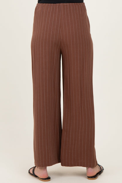 Brown Pinstripe Drawstring Maternity Linen Pants
