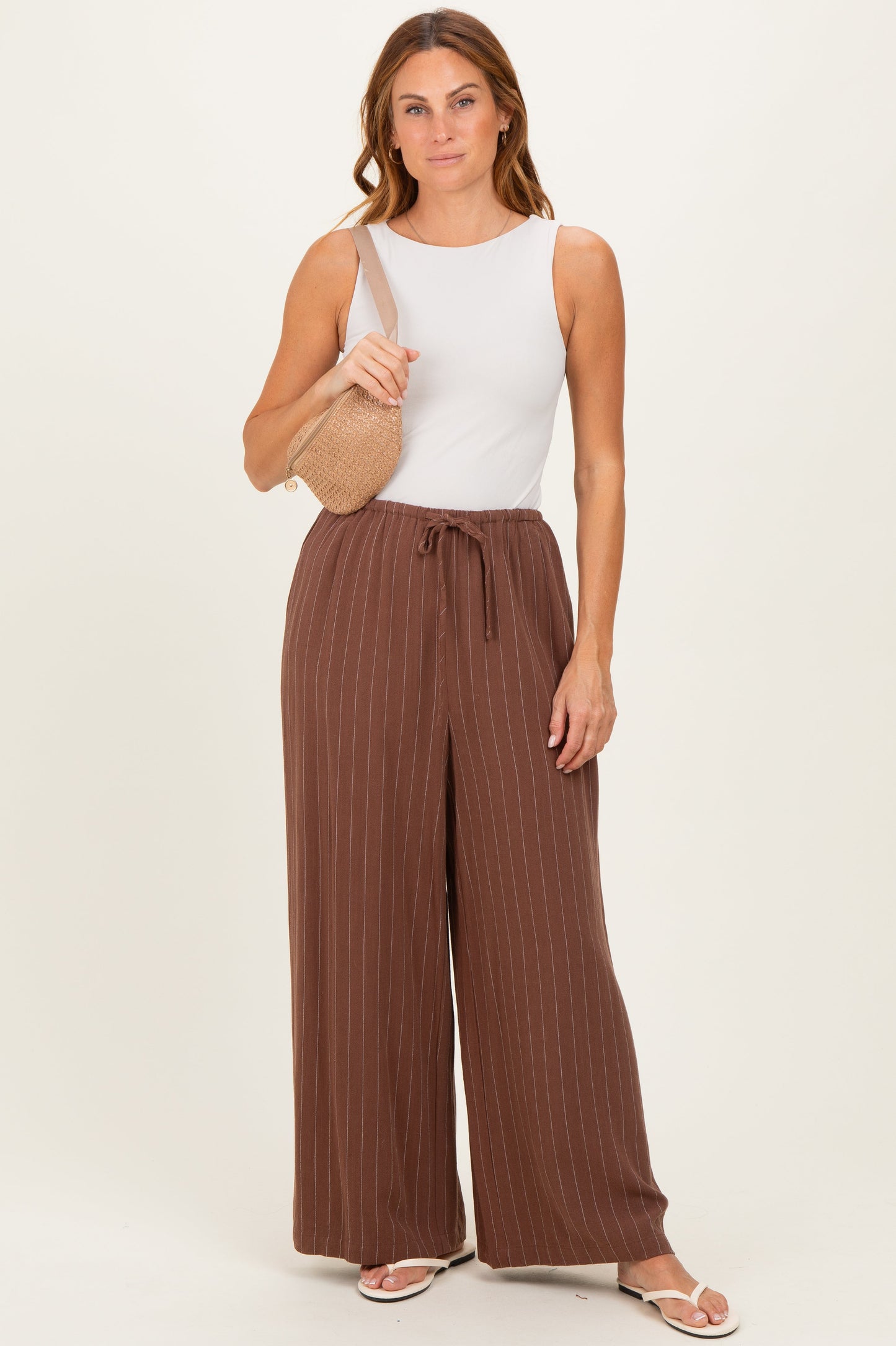 Brown Pinstripe Drawstring Maternity Linen Pants