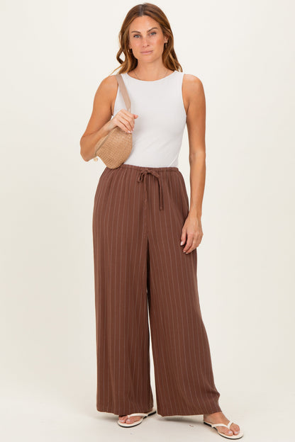 Brown Pinstripe Drawstring Maternity Linen Pants