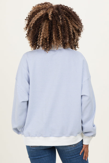 Light Blue Striped Mock Neck Maternity Sweatshirt