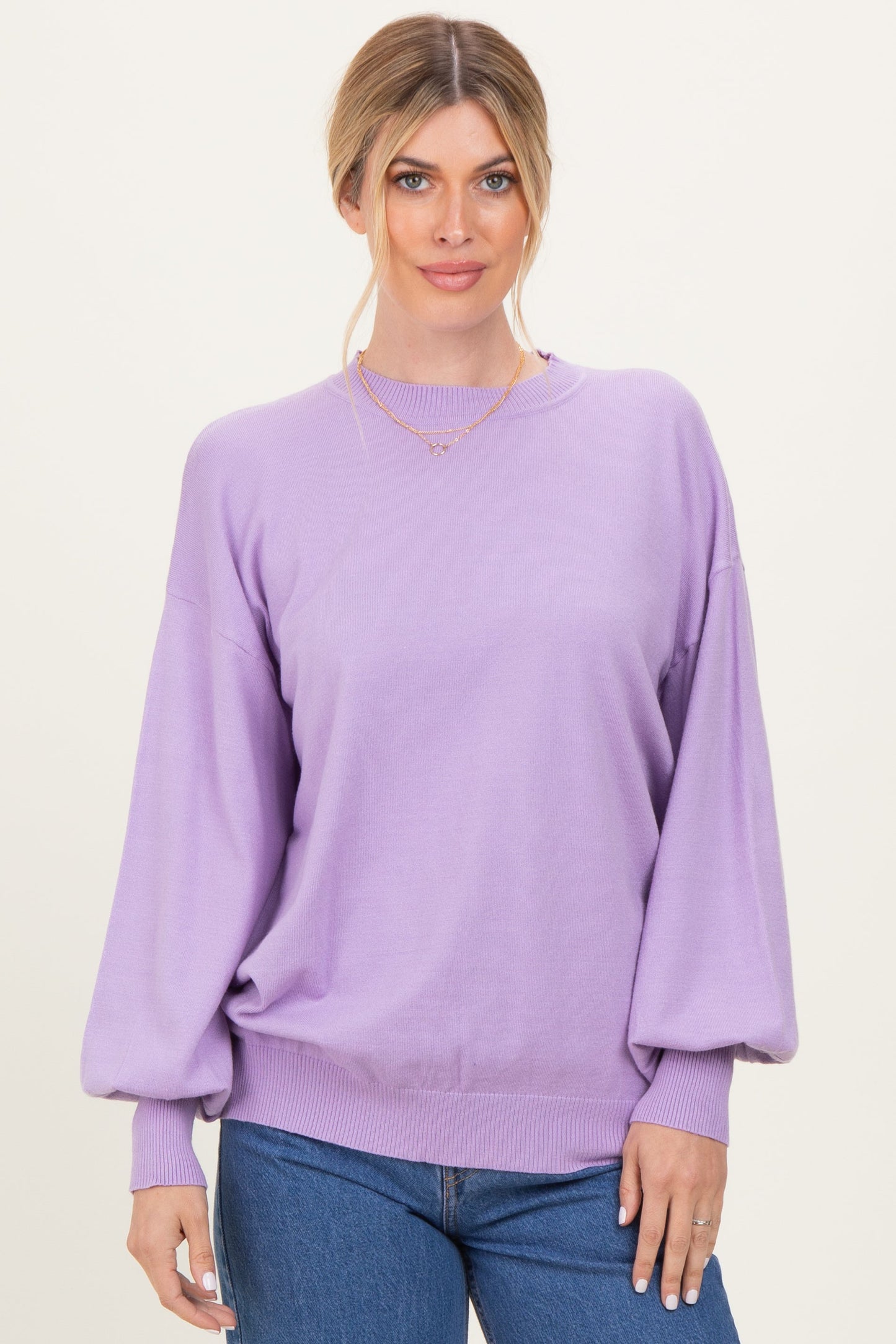 Lavender Fine Knit Balloon Sleeve Maternity Sweater
