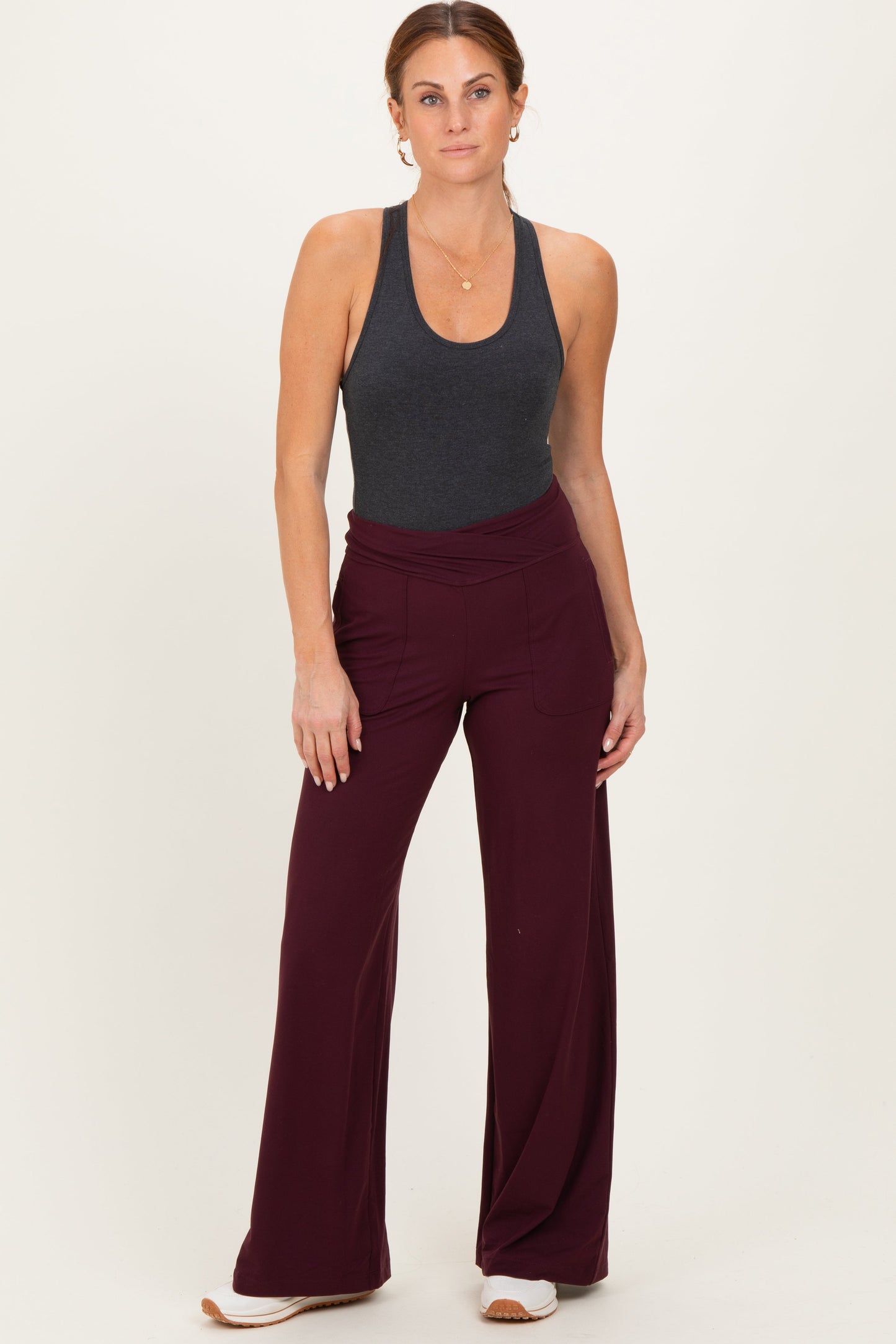 Wine Crossover Waist Active Wide Leg Maternity Pant