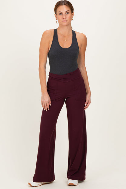 Wine Crossover Waist Active Wide Leg Maternity Pant