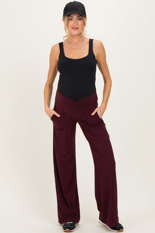 Wine Crossover Waist Active Wide Leg Maternity Pant