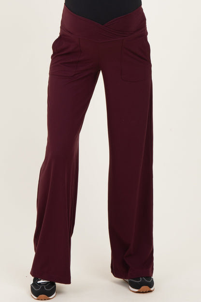 Wine Crossover Waist Active Wide Leg Maternity Pant