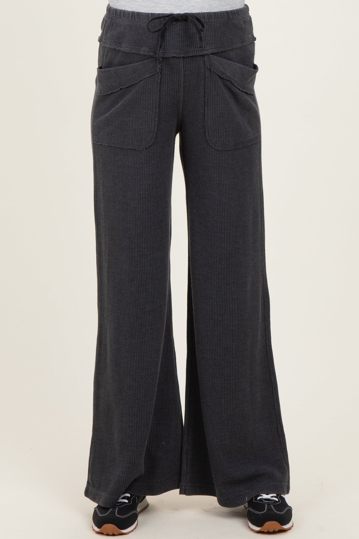 Black Mineral Wash Waffle Knit Wide Leg Maternity Pants
