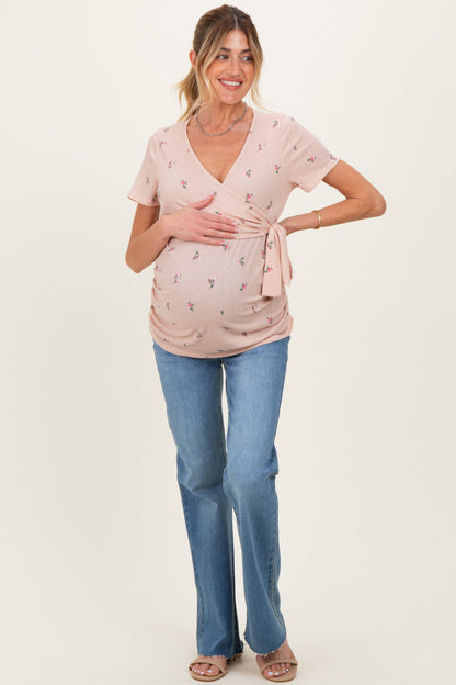 Taupe Floral Wrap Fitted Maternity/Nursing Top