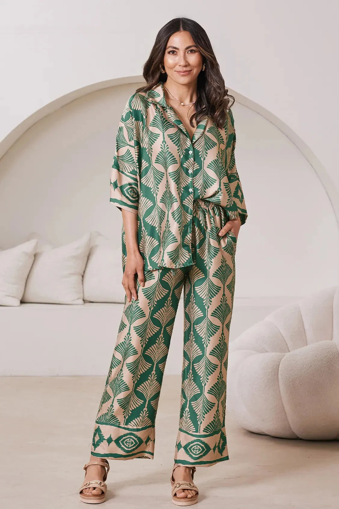 Casey Straight Leg Pants Fan Print in Emerald & Espresso