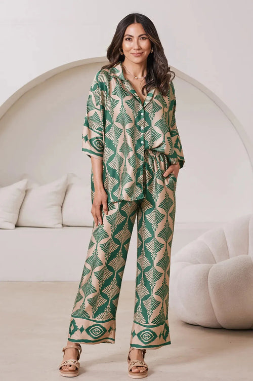 Casey Straight Leg Pants Fan Print in Emerald & Espresso