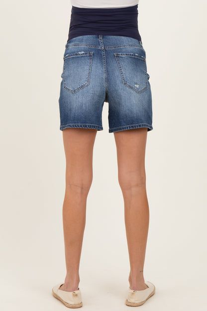 Blue Distressed Maternity Midi Denim Short