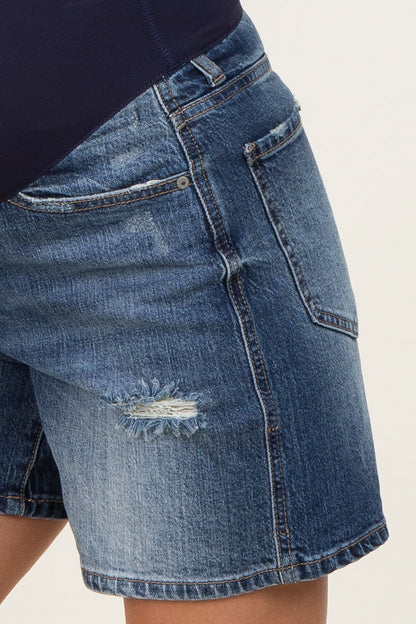 Blue Distressed Maternity Midi Denim Short