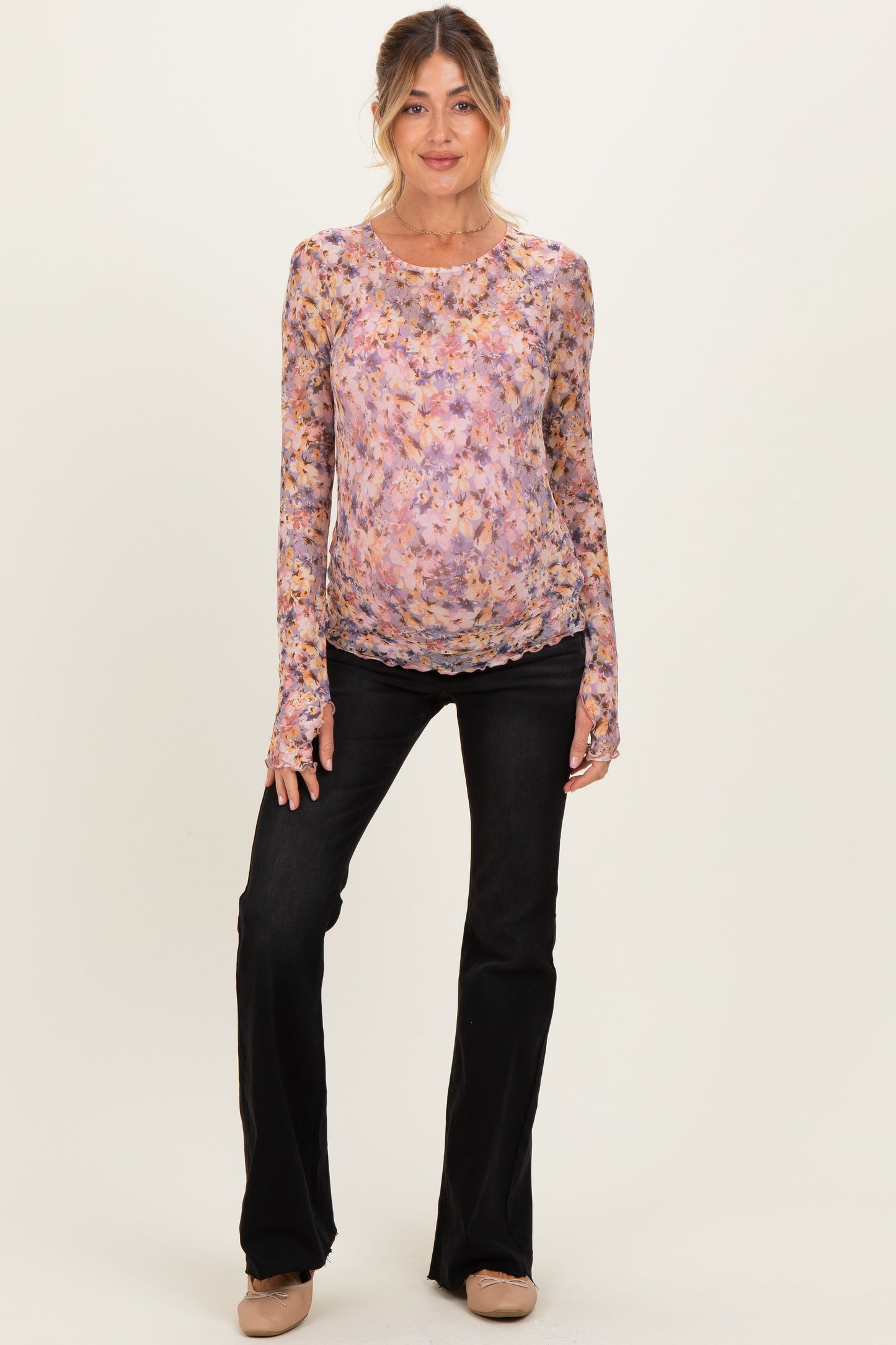 Lavender/Orange Floral Printed Mesh Long Sleeve Maternity Top
