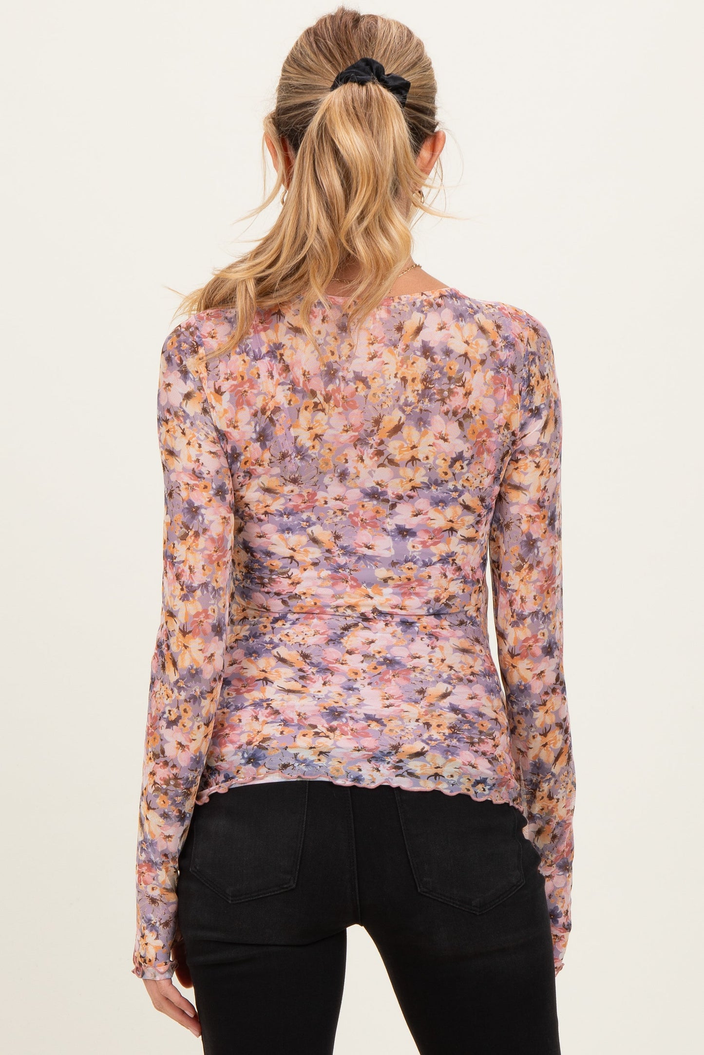 Lavender/Orange Floral Printed Mesh Long Sleeve Maternity Top