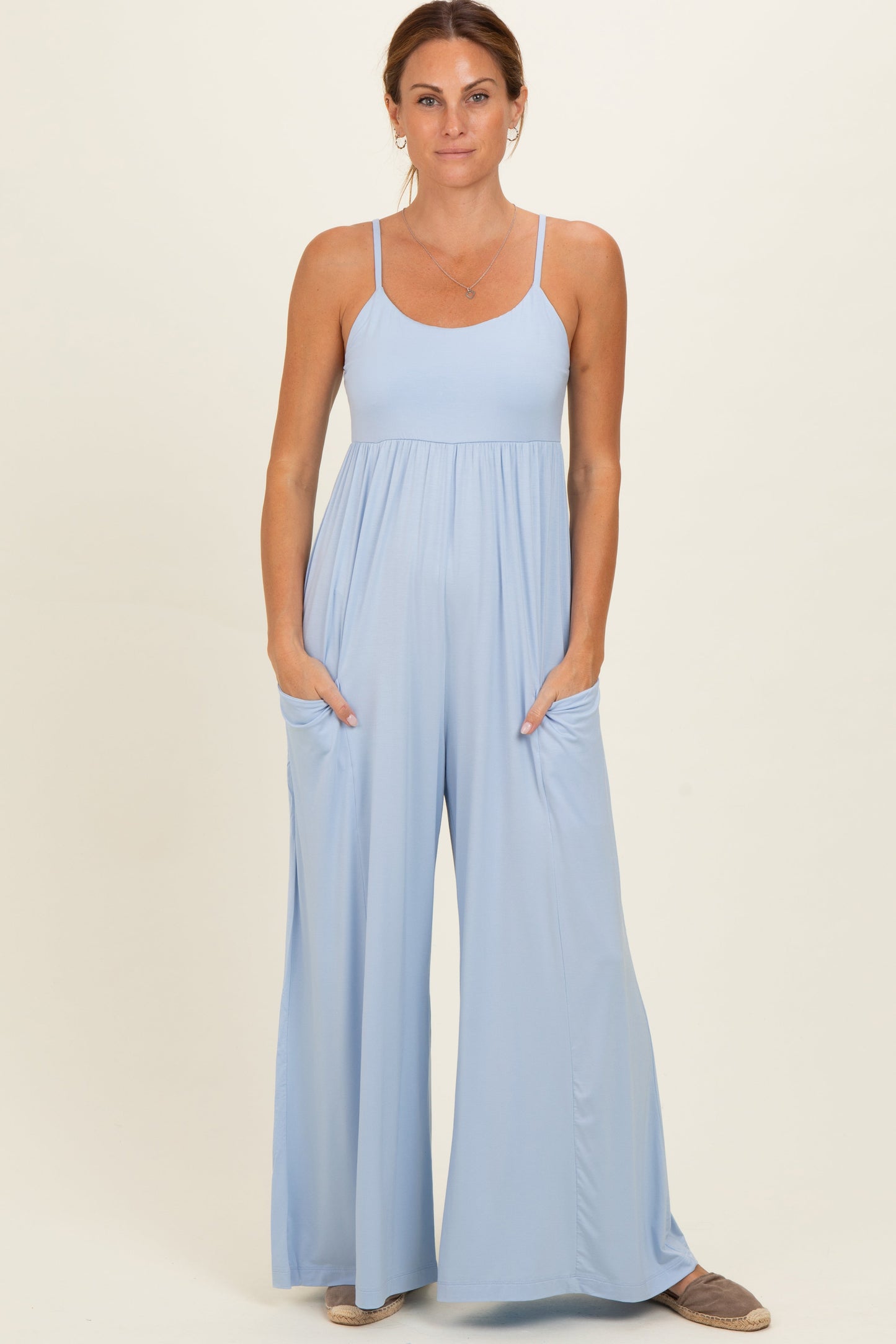 Mist Blue Sleeveless Wide Leg Maternity Jumpsuit