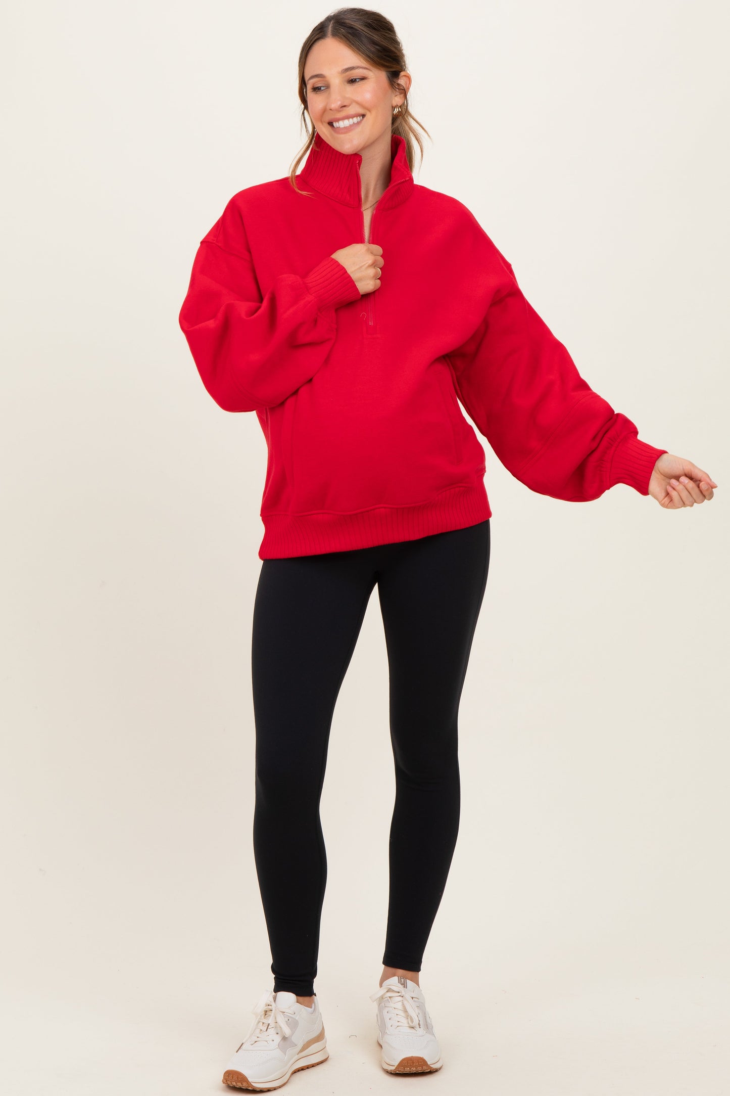 Red French Terry Quarter Zip Maternity Pullover
