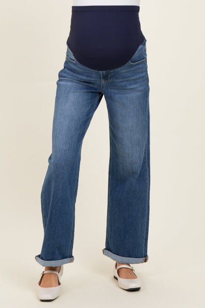 Blue Cuffed Maternity Wide Leg Jeans