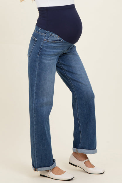 Blue Cuffed Maternity Wide Leg Jeans