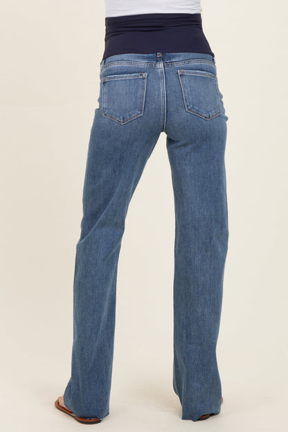 Navy Raw Cut Hem Maternity Straight Leg Jeans
