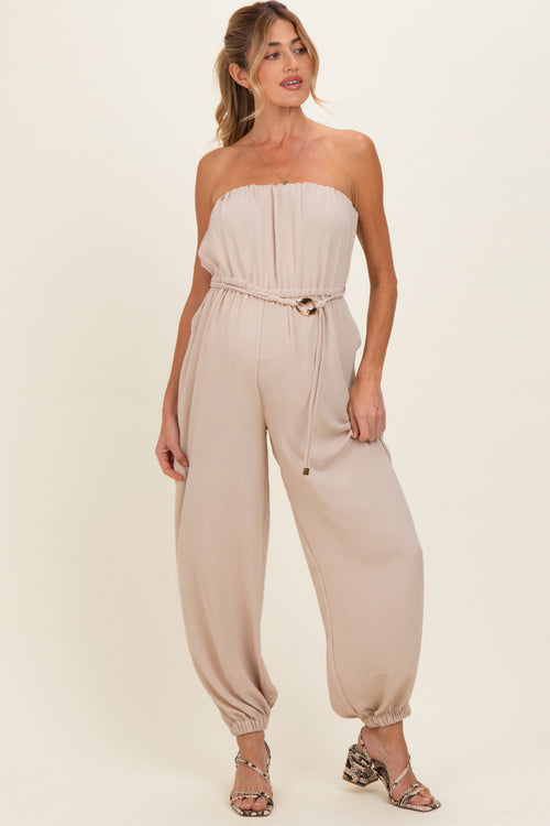 Beige Crinkled Tube Balloon Maternity Jumpsuit